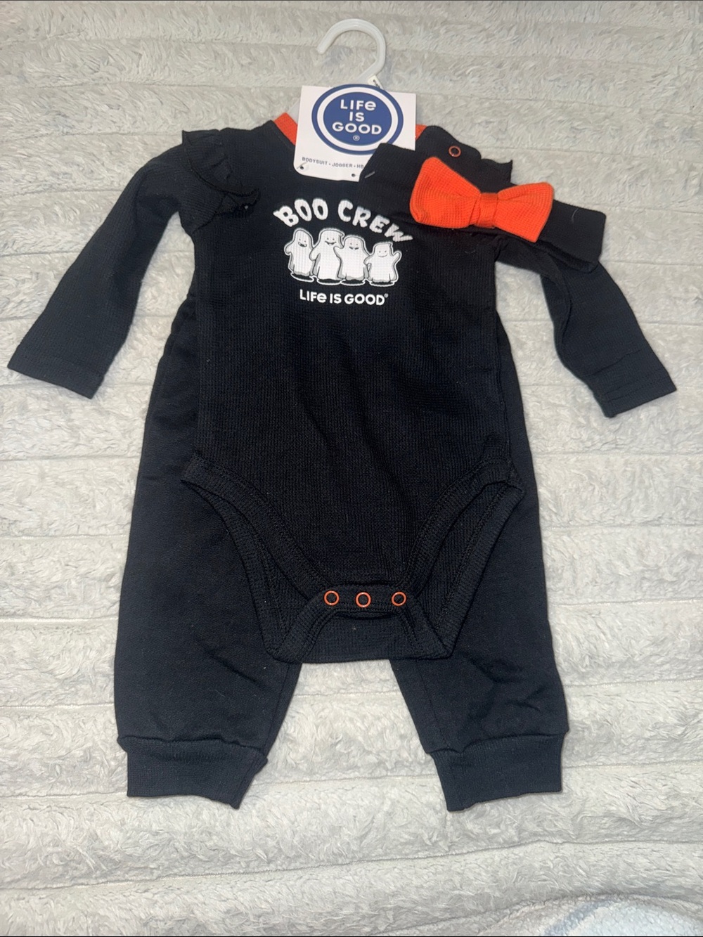 Life Is Good Black 'Boo Crew' Baby One-Piece with Orange Bow Accent